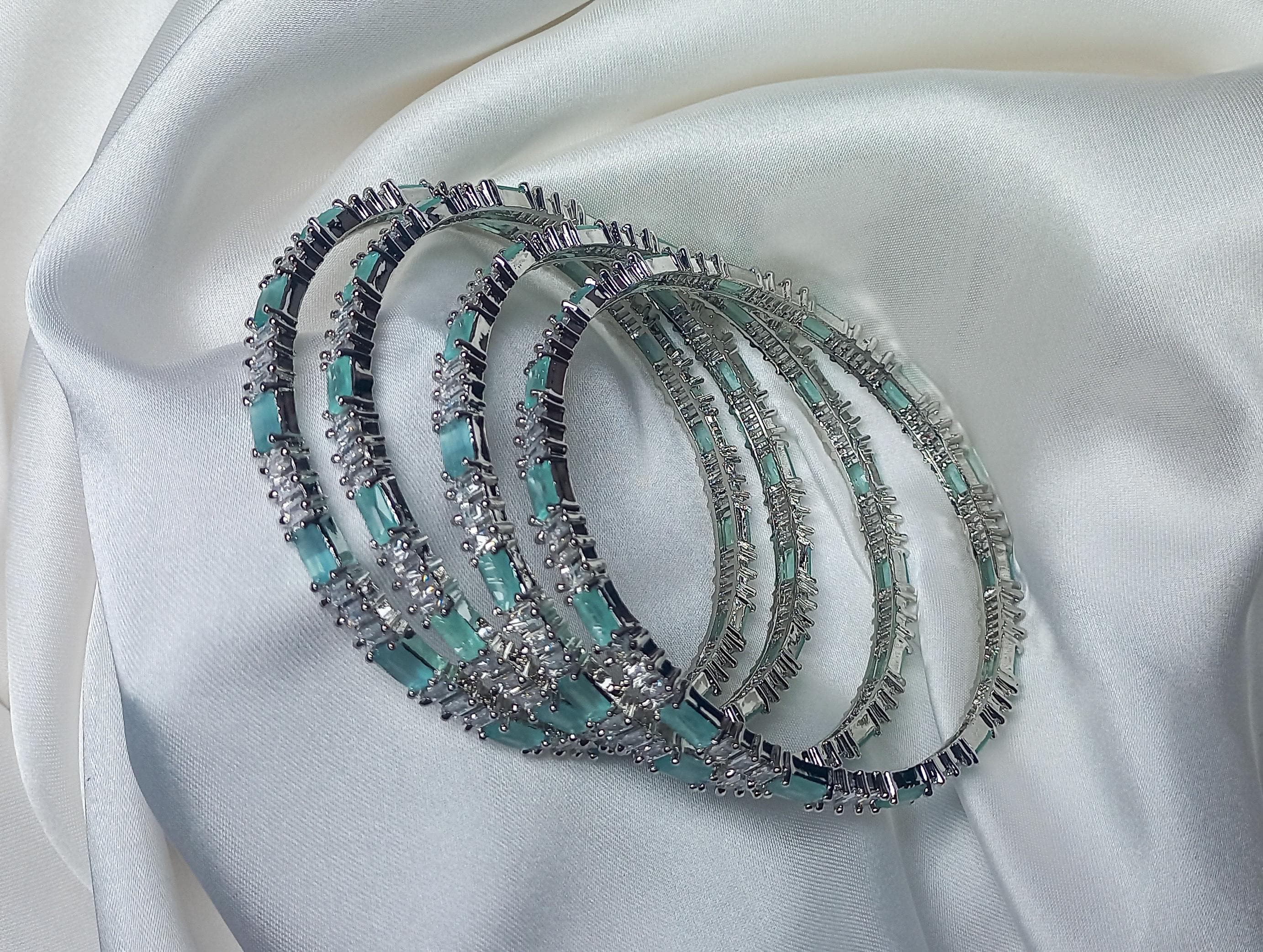 Silver With Turquoise Green Indian Zircon Bangles